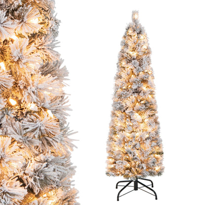 Goflame Pre-Lit Snow Flocked Pencil Christmas Tree for Home Office Holiday Decor