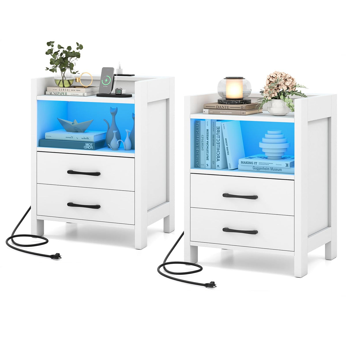 Goflame LED Nightstand with Charging Station Set of 1/2 Bedside Table