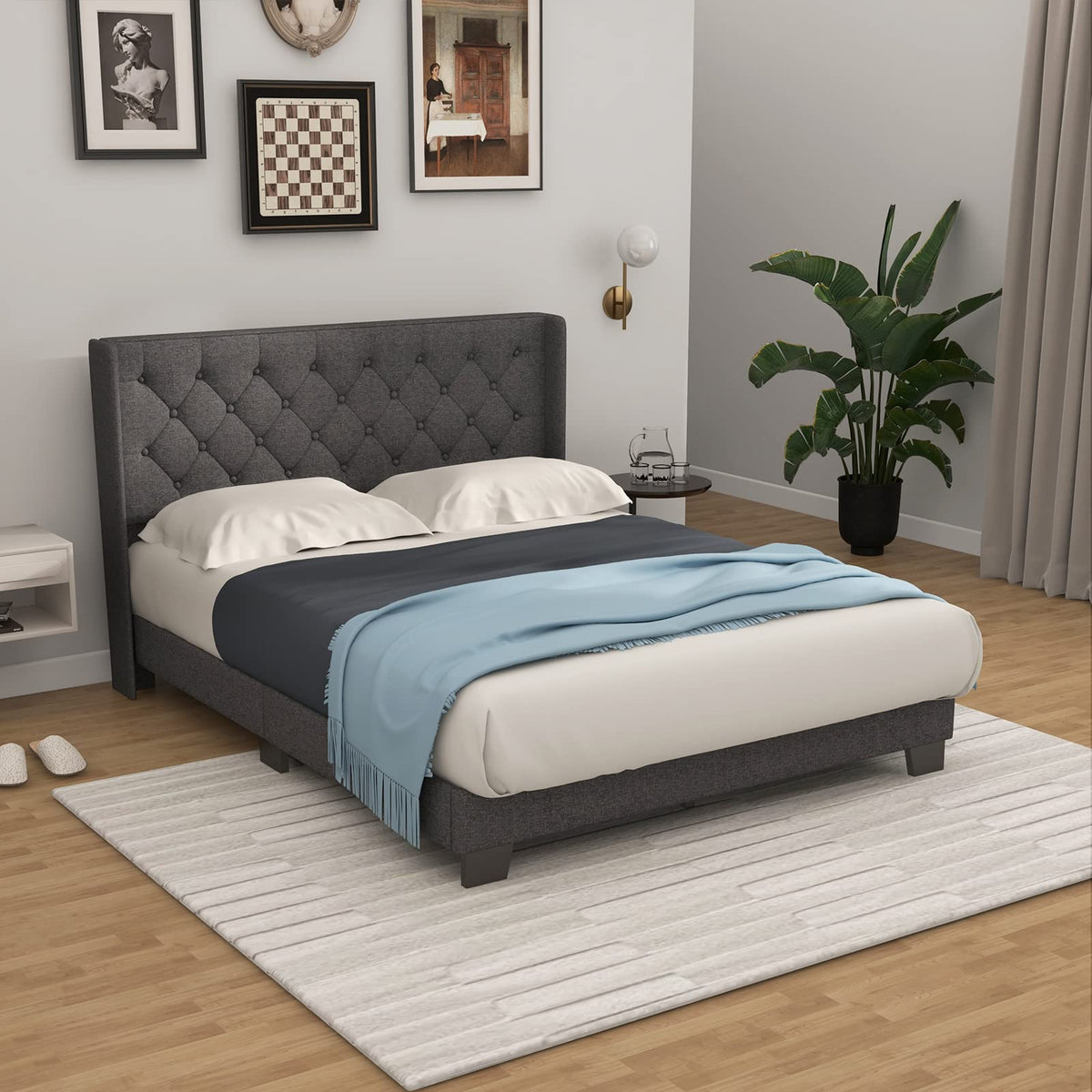 Goflame Queen/Full/Twin Size Bed Frame with Button Tufted Headboard, Modern Fabric Upholstered Platform Bed with Wingback Design, Grey