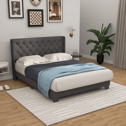 Goflame Queen/Full/Twin Size Bed Frame with Button Tufted Headboard, Modern Fabric Upholstered Platform Bed with Wingback Design, Grey