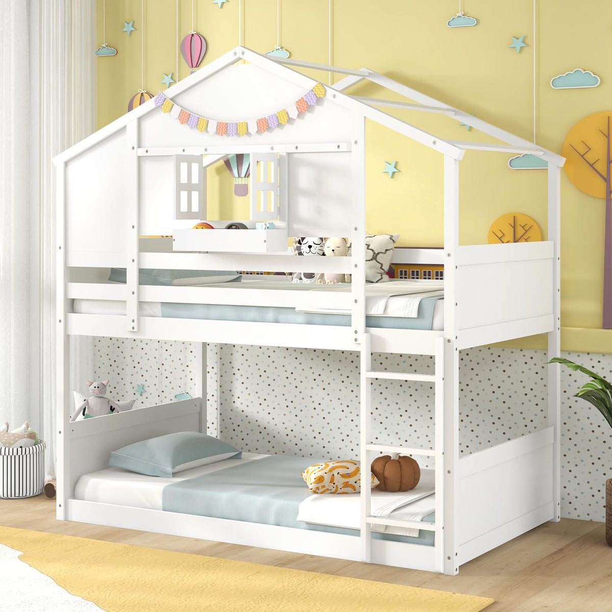 Goflame Bunk Bed Twin Over Twin, Wood House Bed for Kids with Roof, Window Door, White