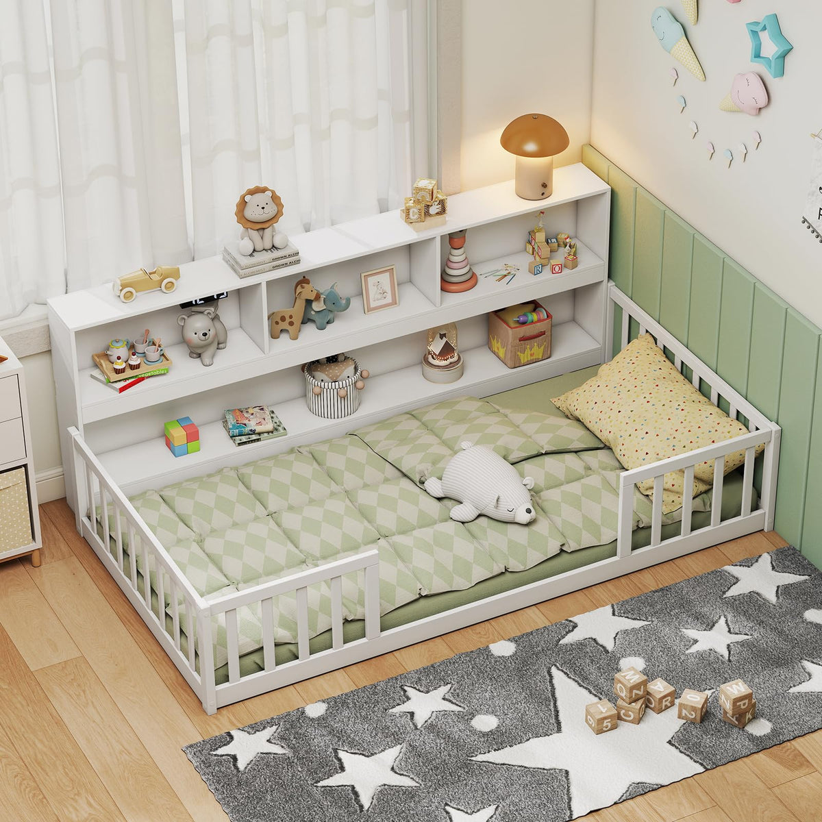 Goflame Wooden Montessori Bed Frame with Bookcase