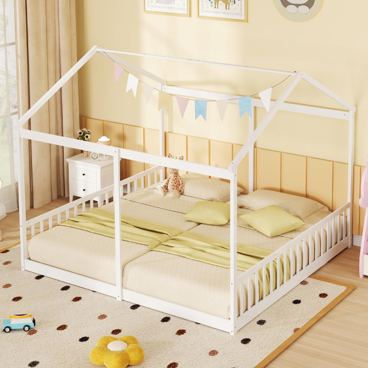 Goflame Double Twin Floor Beds for 2 Kids, Wood Twin Size House Beds with Safety Guardrails, White