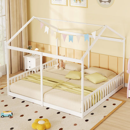 Goflame Double Twin Floor Beds for 2 Kids, Wood Twin Size House Beds with Safety Guardrails, White