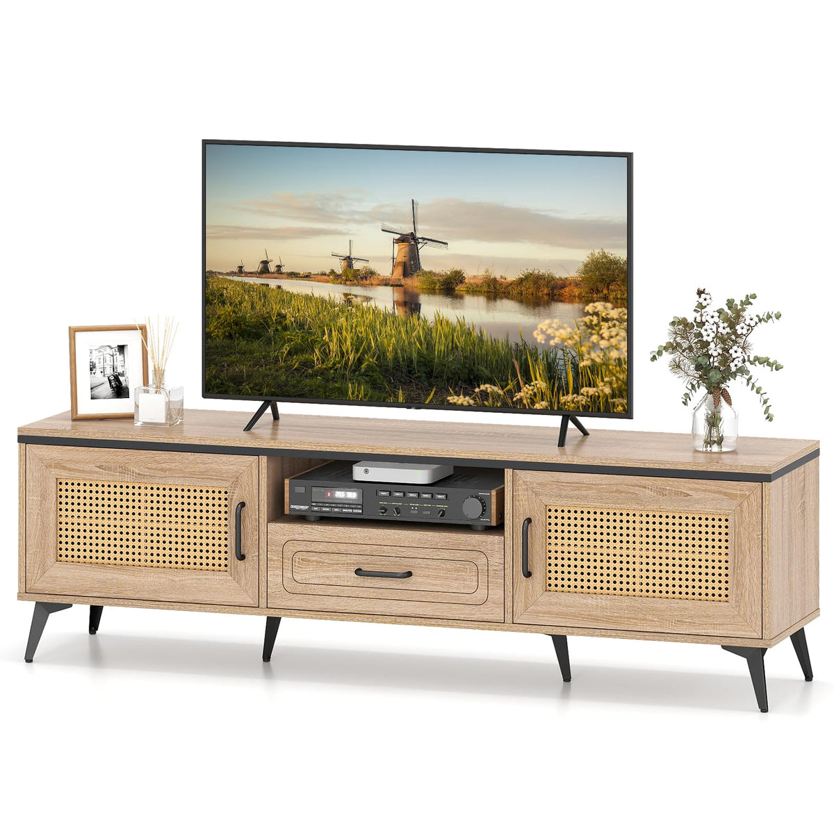 Goflame TV Stand for 60/65 Inch TV | Boho Entertainment Center with Storage Cabinets