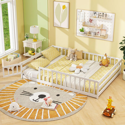 Goflame Floor Bed with Door & Fence Kids Wood Montessori Beds with Safety Guardrails