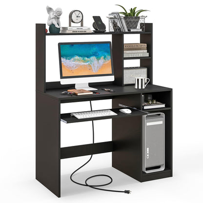 Goflame White Computer Desk with Hutch and Bookshelf