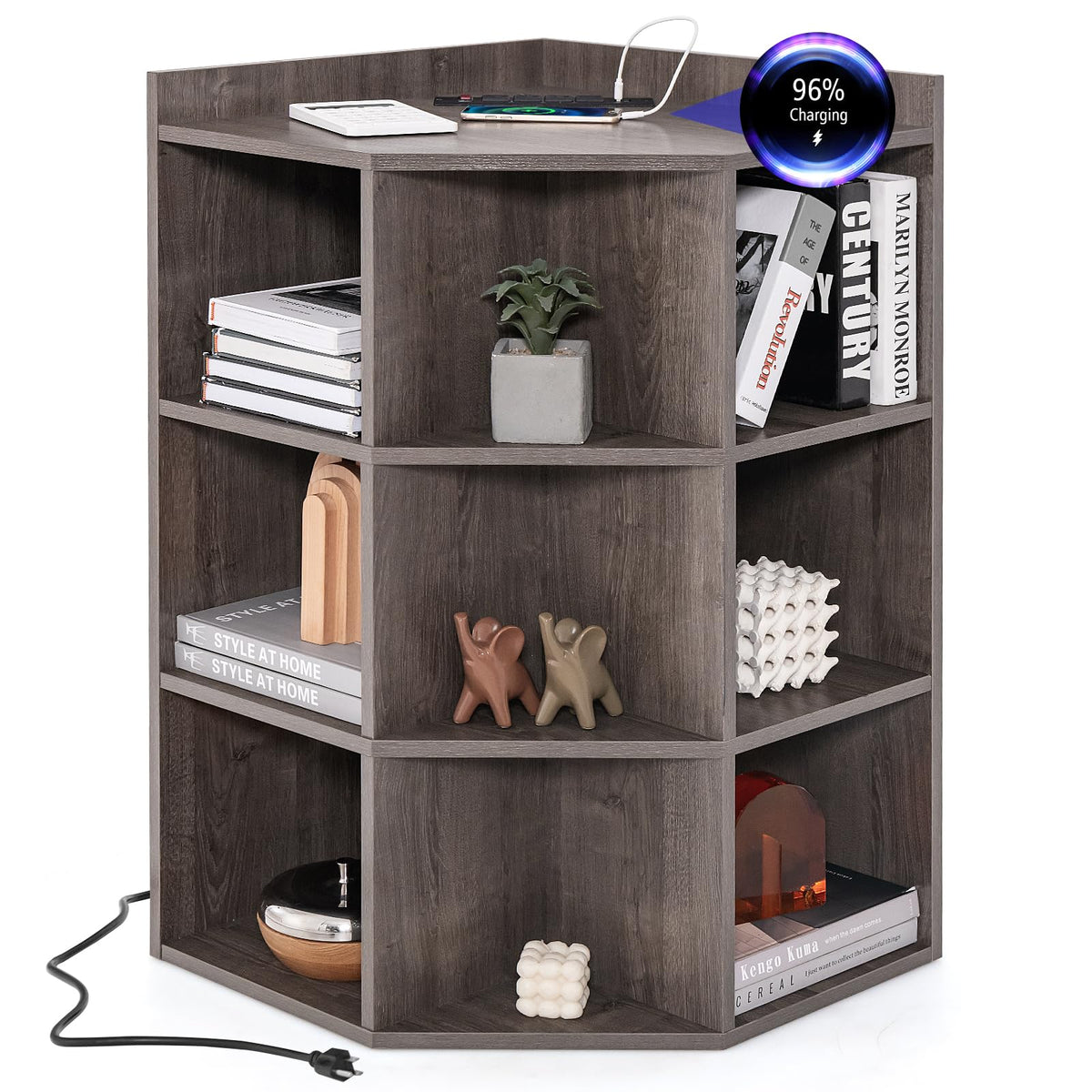 Goflame 3-Tier Corner Cabinet with Charging Station, Corner Shelf with 9 Cubbies, 2 USB Ports & 4 Outlets