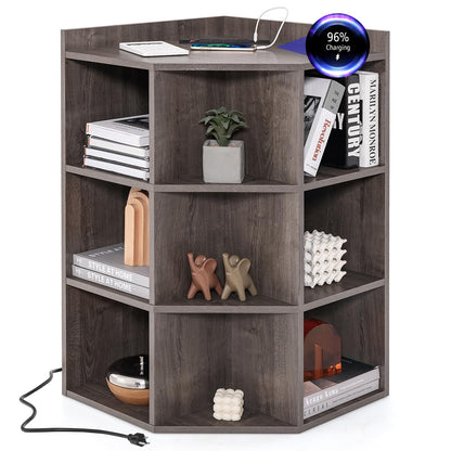 Goflame 3-Tier Corner Cabinet with Charging Station, Corner Shelf with 9 Cubbies, 2 USB Ports & 4 Outlets