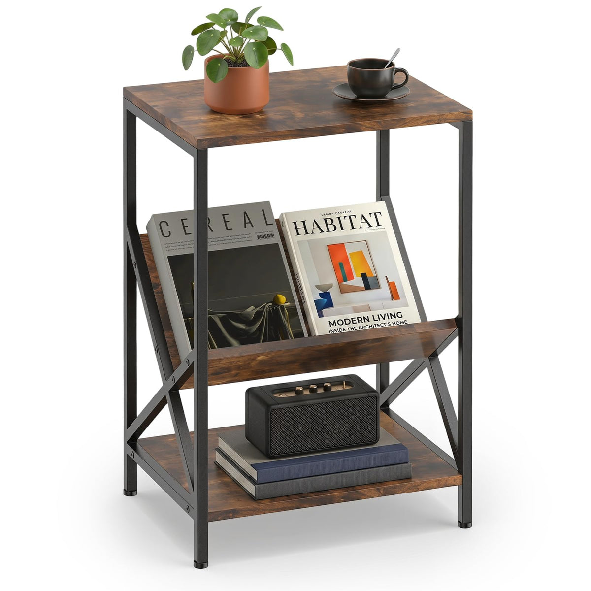 Goflame Record Player Stand, 3-Tier End Table w/ V-Shaped Magazine Holder, Turntable Stand with Record Storage Up to 80 Albums