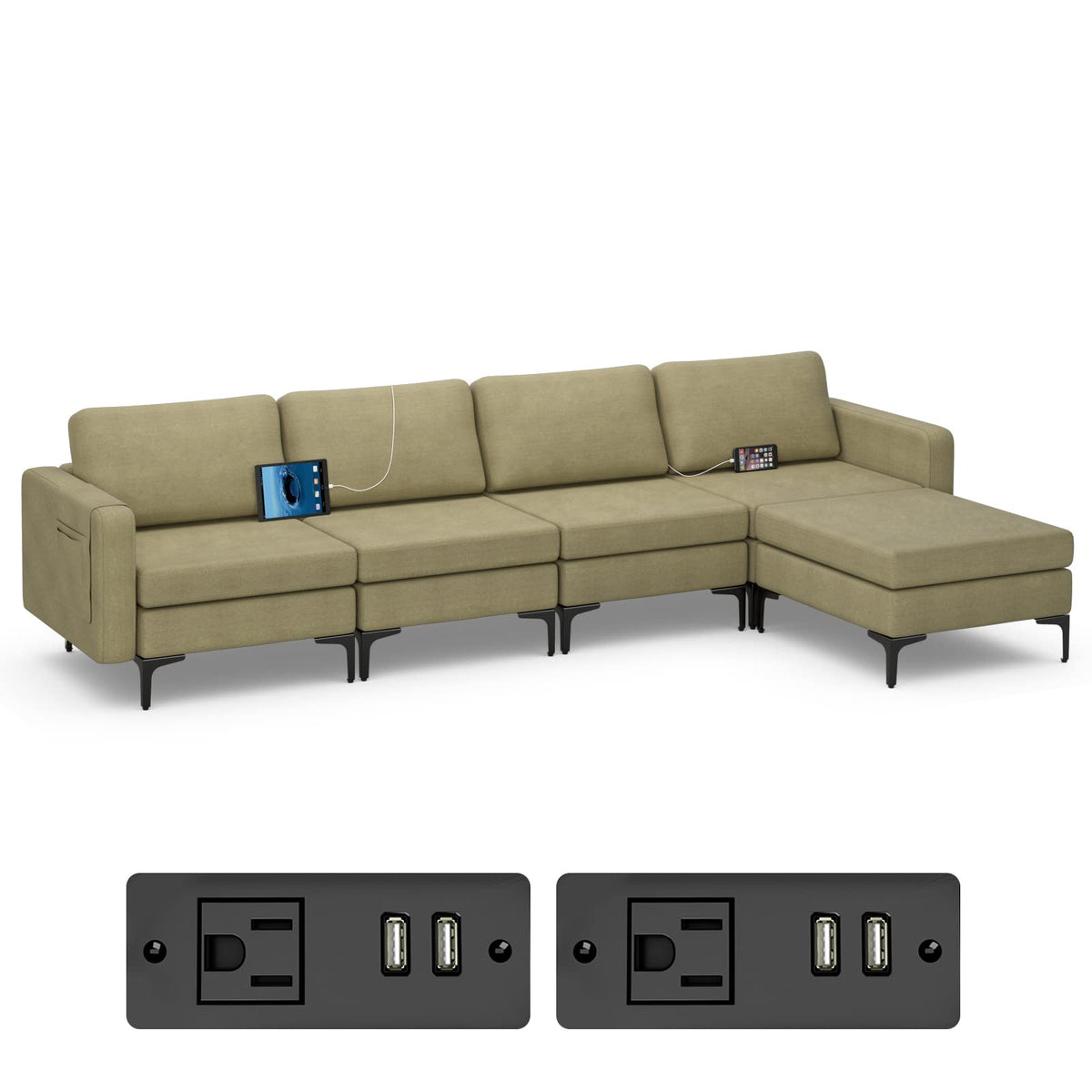 Goflame 4 Seat Convertible Sofa Couch, 123" L Sectional Sleeper with 2 or 1 USB Ports Socket
