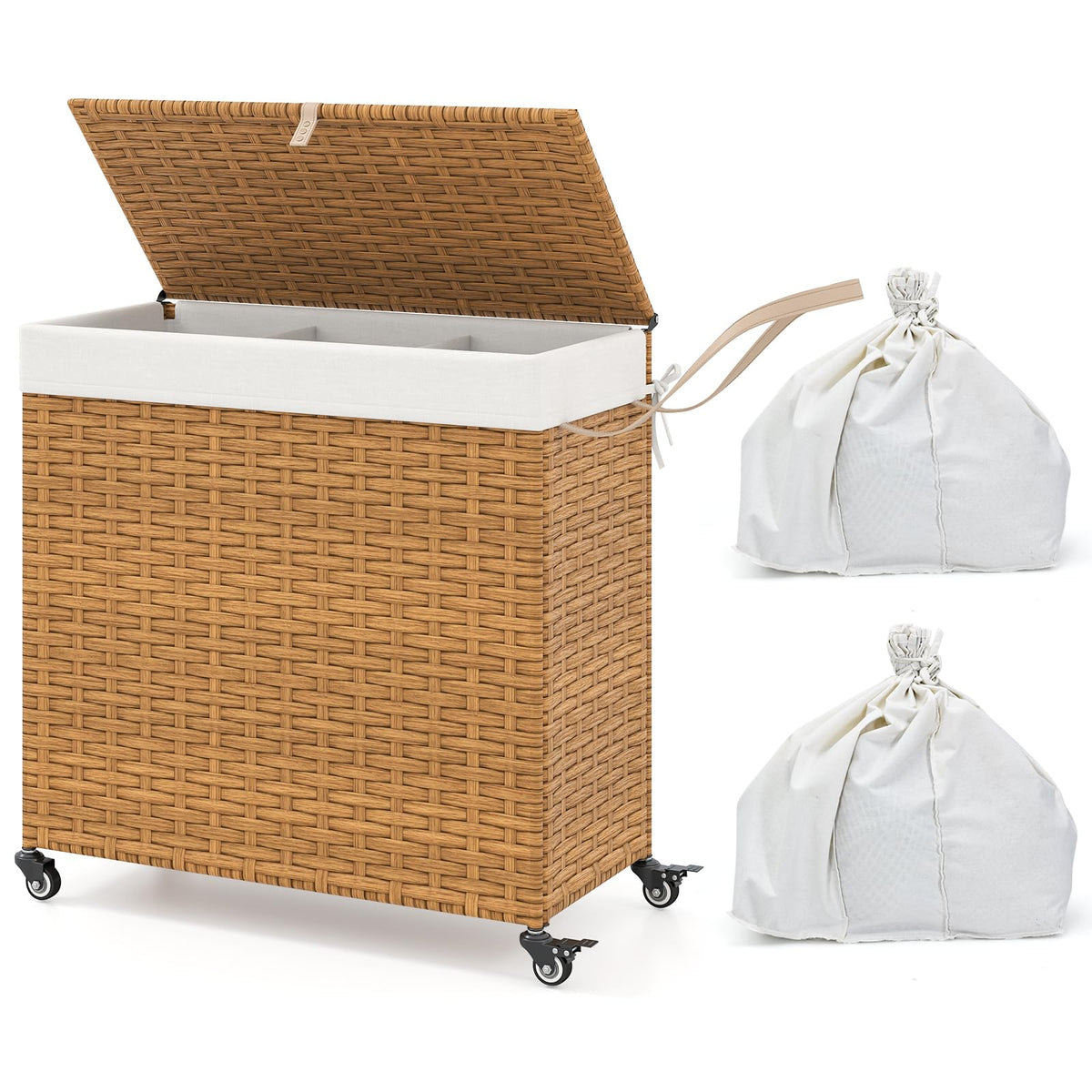 Goflame Laundry Hamper w/Wheels, 3 Section Hamper 125L w/2 Removable Liner Bags