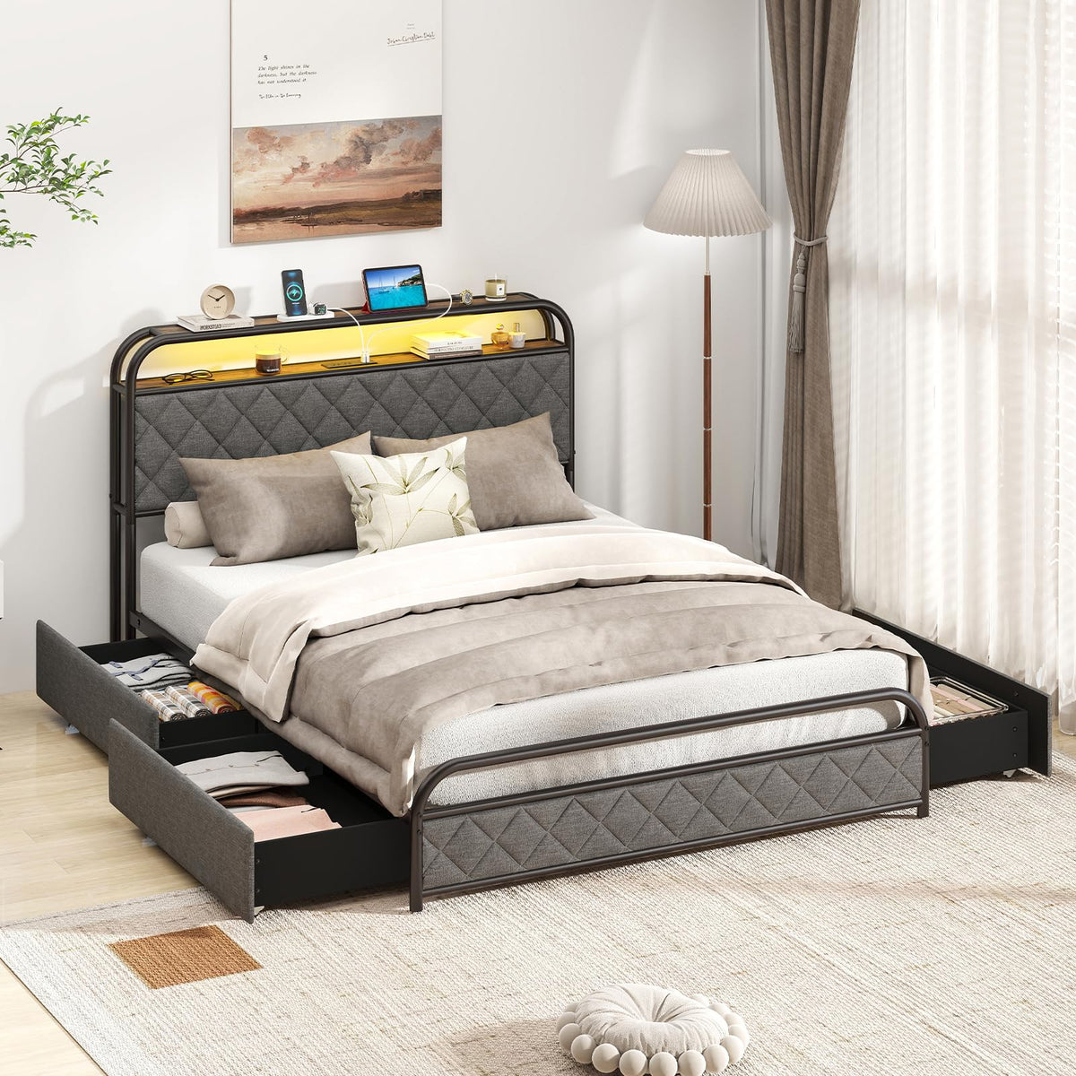 Goflame Queen/Full/Twin Size Bed Frame with 4 Storage Drawers and Charging Station