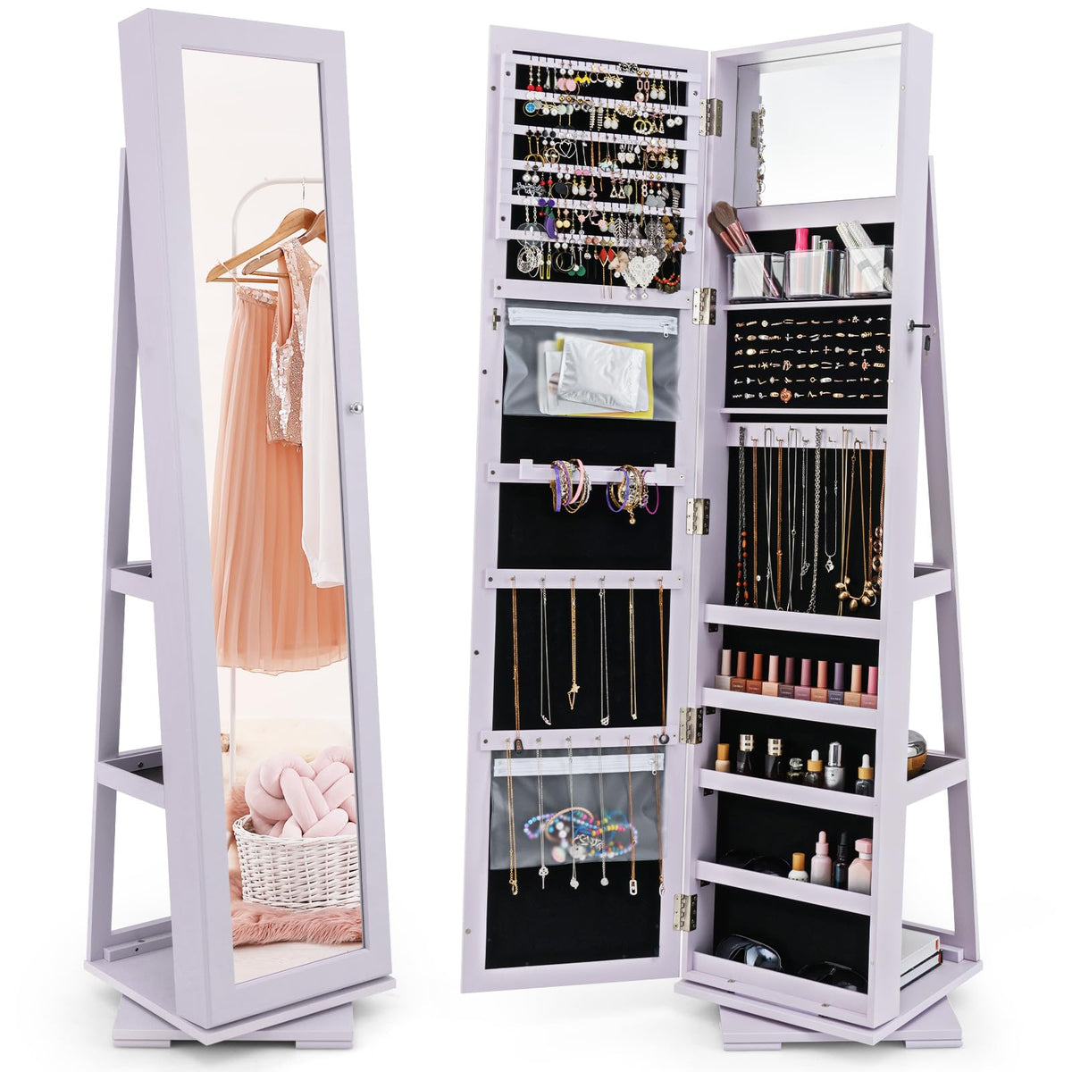 GOFLAME 360° Rotating Jewelry Armoire with Rear Storage Shelves