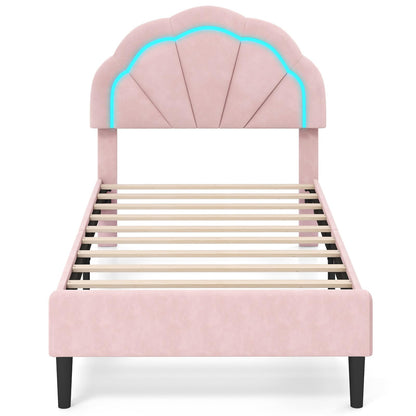 Goflame Full Size LED Bed Frame, Velvet Upholstered Full Platform Bed with Adjustable Cloud Headboard