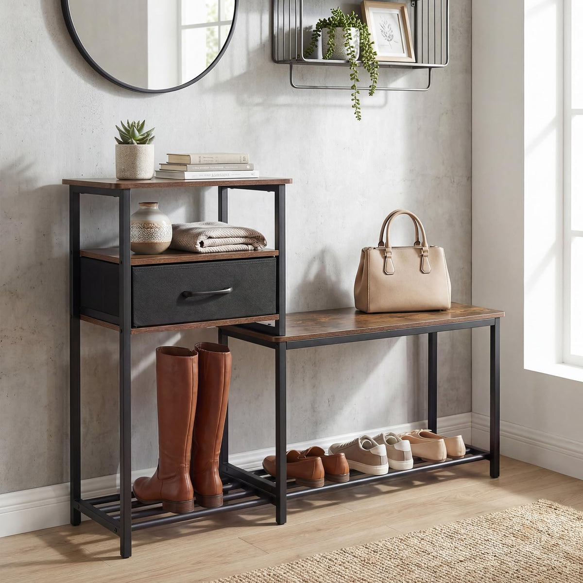 Goflame 3-Tier Industrial Shoe Storage Bench with Drawer & Metal Frame