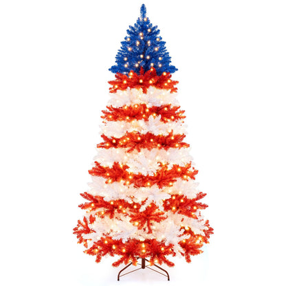 Goflame 7.5 FT Pre-Lit Patriotic Artificial Christmas Tree, Flag-Themed Hinged Xmas Tree with 480 Warm White LED Lights