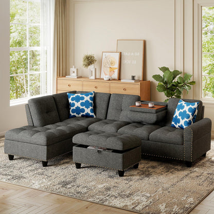 Goflame 98 Inches Sectional Sofa Couch with Movable Storage Ottoman and Linen Fabric Backs