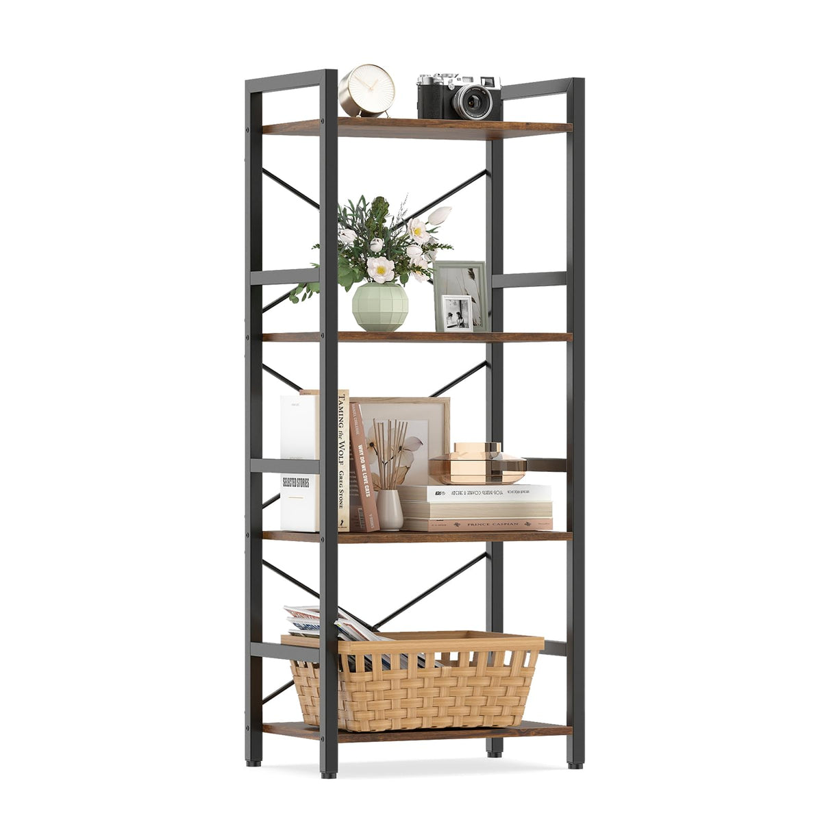 Goflame 4-Tier Bookshelf | Narrow Freestanding Display Shelf with Metal Frame (1/2)