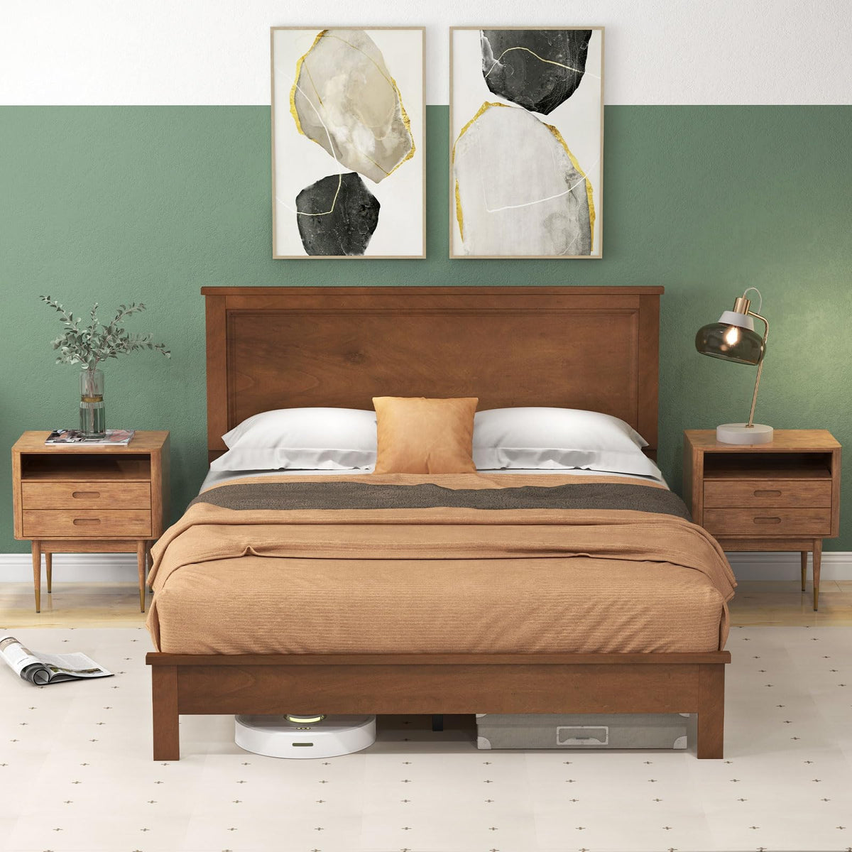 Queen/Full/Twin Size Platform Bed w/ Rubber Wood Legs & Integrated Headboard | Wooden Bed Frame