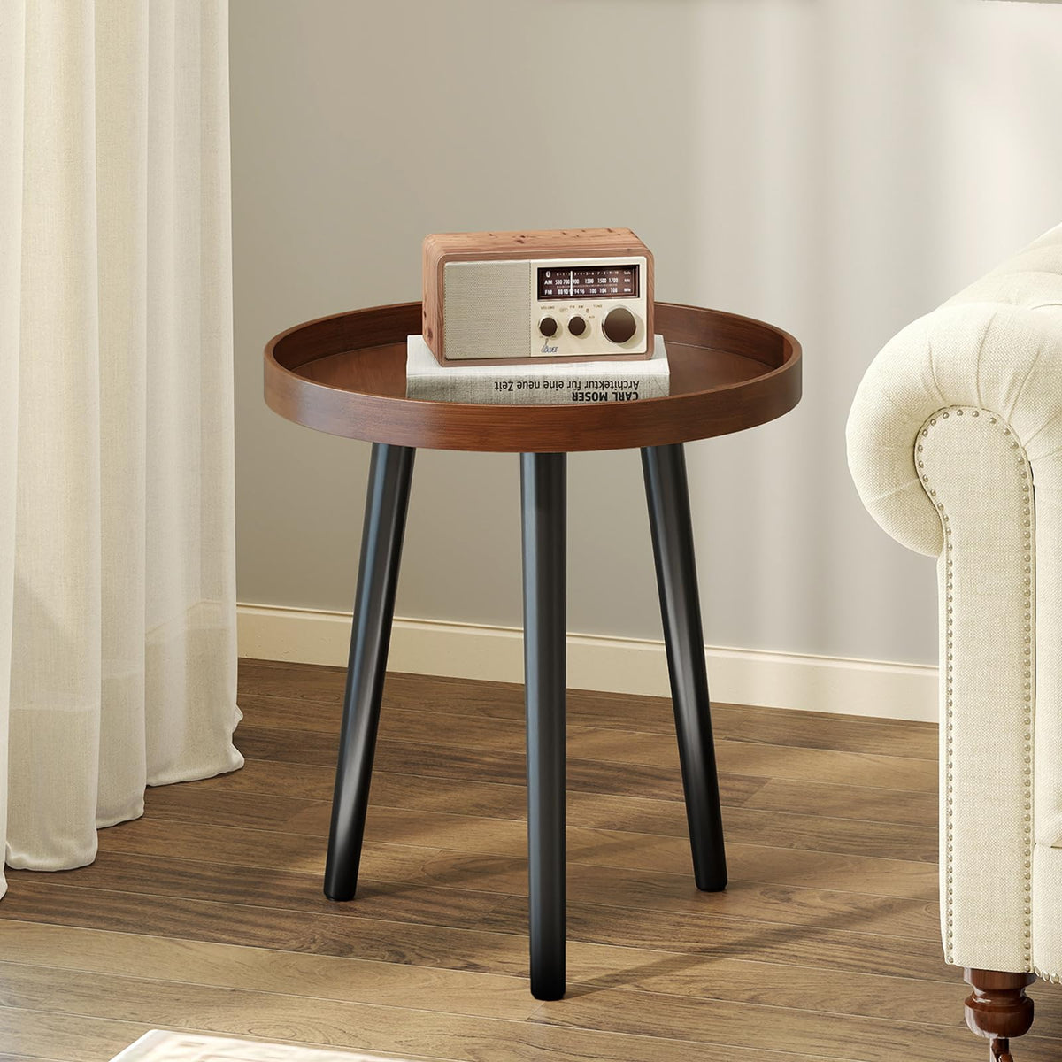 Goflame Mid Century Modern Side Table with Wooden Tray and Bamboo Legs