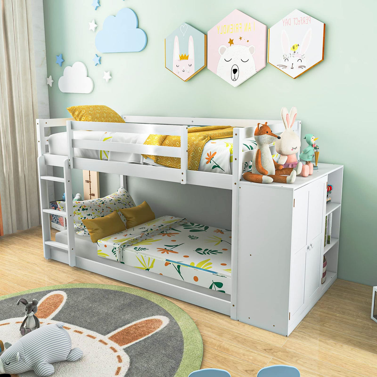Goflame Twin Over Twin Bunk Bed with Storage Shelves, Solid Wood Bunk Bed Frame with Convertible Bookcase & Ladder, White