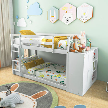 Goflame Twin Over Twin Bunk Bed with Storage Shelves, Solid Wood Bunk Bed Frame with Convertible Bookcase & Ladder, White