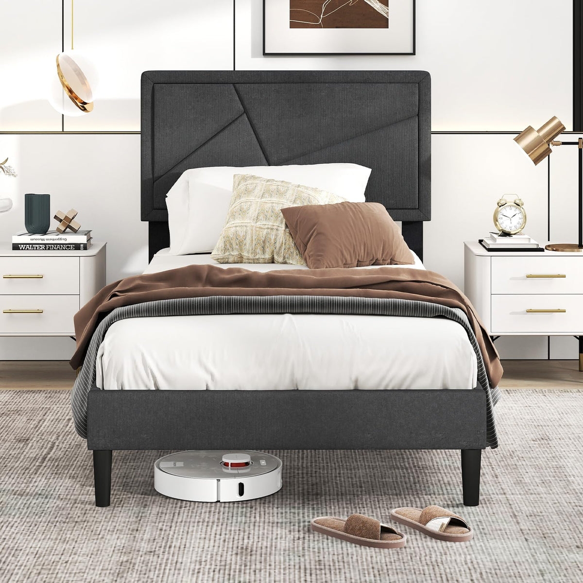 Modern Queen/Full/Twin Size Upholstered Platform Bed Frame with Geometric Tufting Headboard