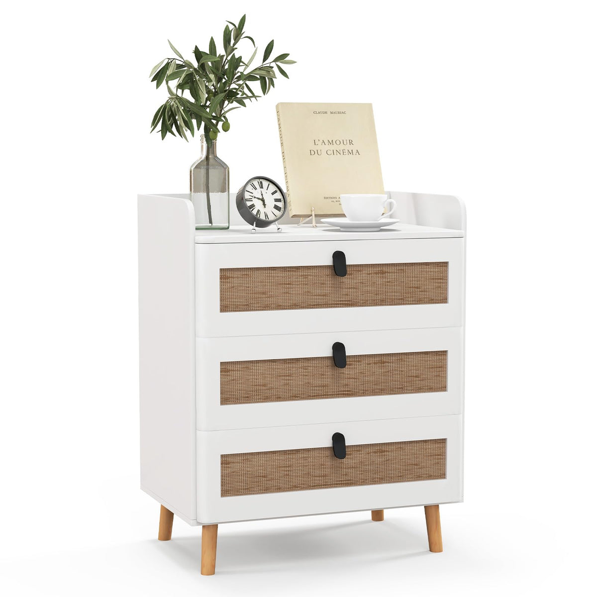 Goflame Rattan Nightstand, Boho 2/3-Drawer Dresser with 4 Solid Wood Legs