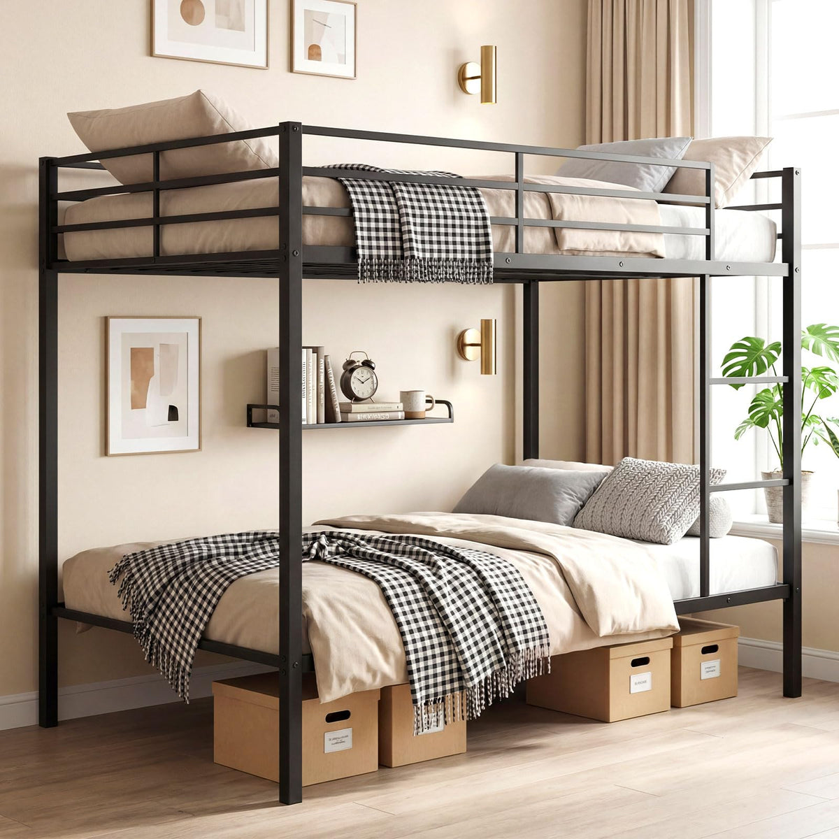 Goflame Heavy-Duty Metal Bunk Bed Full Over Full with Ladder & Full Length Safety Guardrail