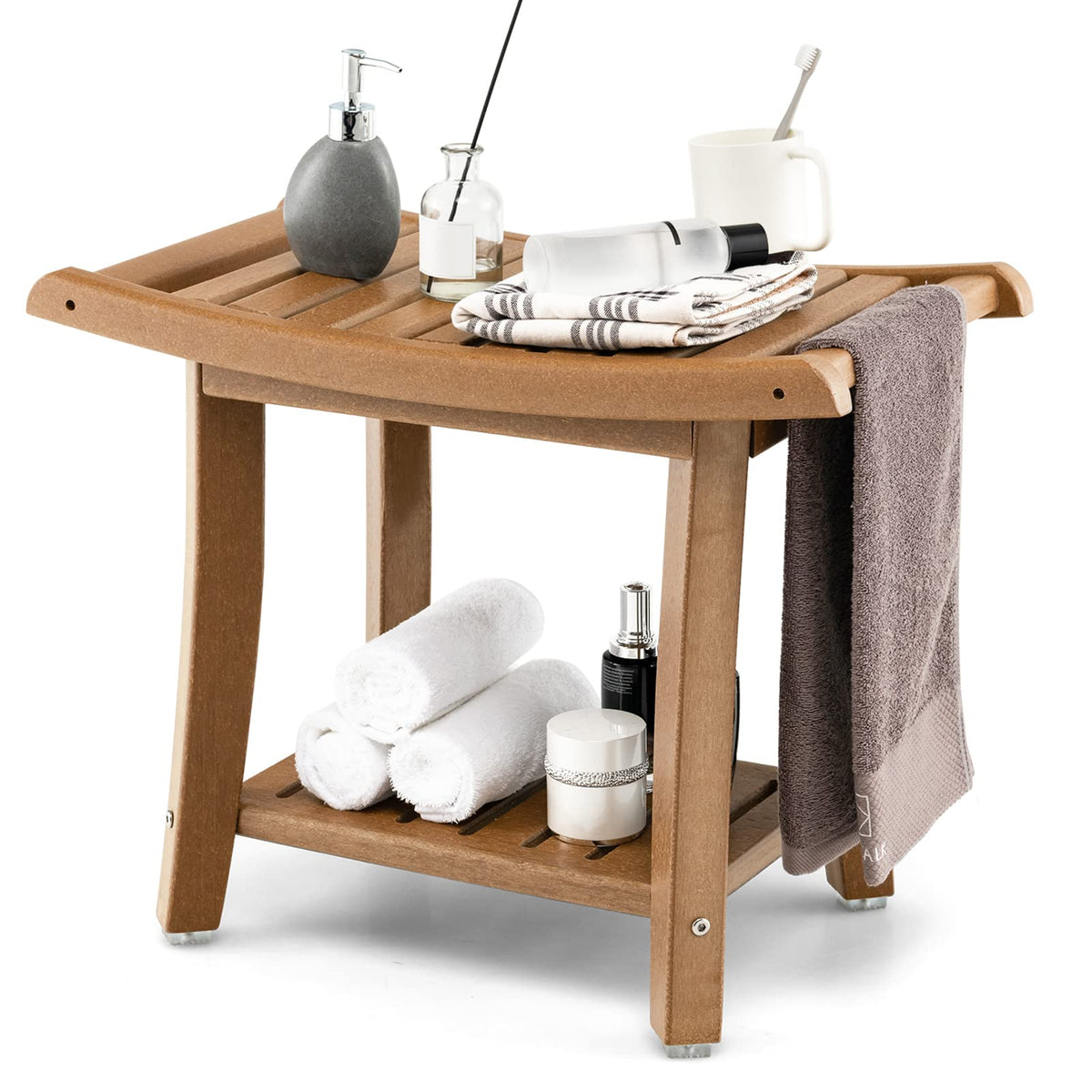 Goflame Shower Bench, HDPE Waterproof Shower Stool with Storage Shelf