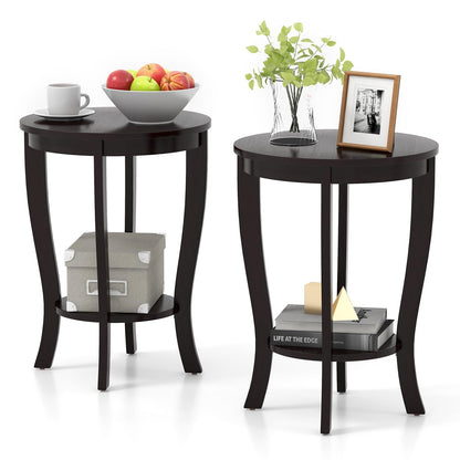 Goflame Round End Table with Storage Shelf Set of 2, Retro Nightstand with Solid Wood Legs, 24.5" Accent Table for Small Spaces