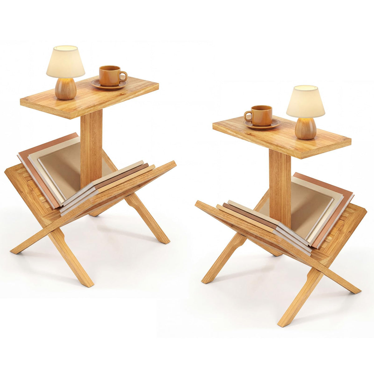 Goflame Side Table Teak Wood Set of 1/2 2-Tier Sofa Couch End Table