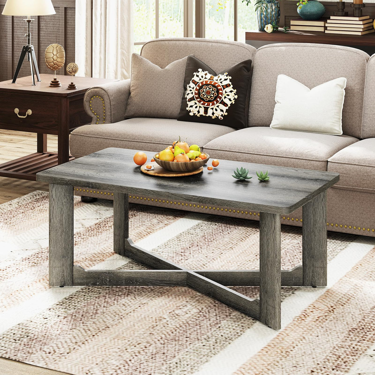 Goflame Farmhouse Wood Coffee Table Rectangle Center Table with X-Shaped Base & Rubber Wood Frame