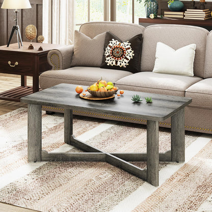 Goflame Farmhouse Wood Coffee Table Rectangle Center Table with X-Shaped Base & Rubber Wood Frame