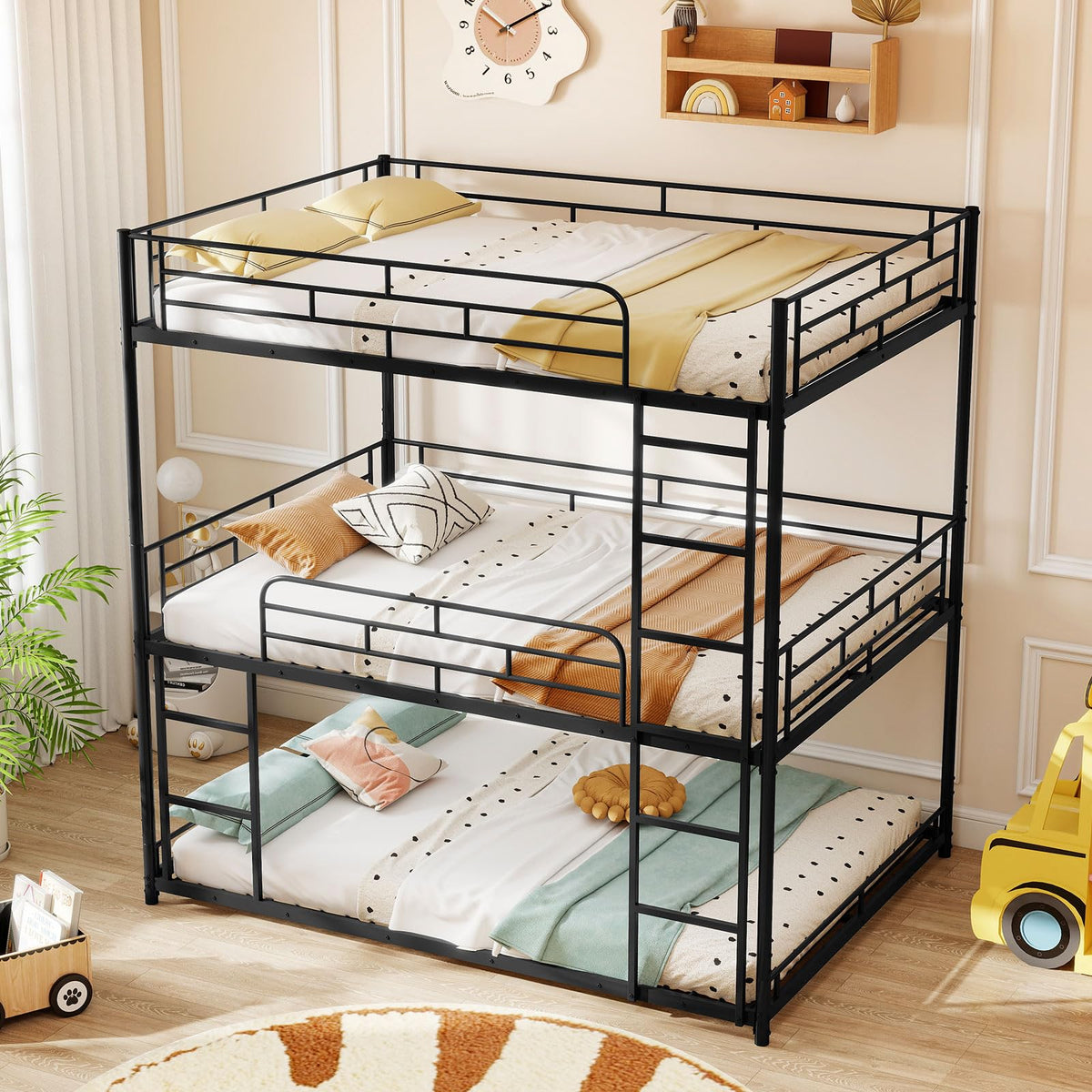 Goflame Metal Full Over Full Over Full Bunkbeds with Safety Guardrails & 2 Ladders