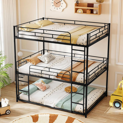 Goflame Metal Full Over Full Over Full Bunkbeds with Safety Guardrails & 2 Ladders