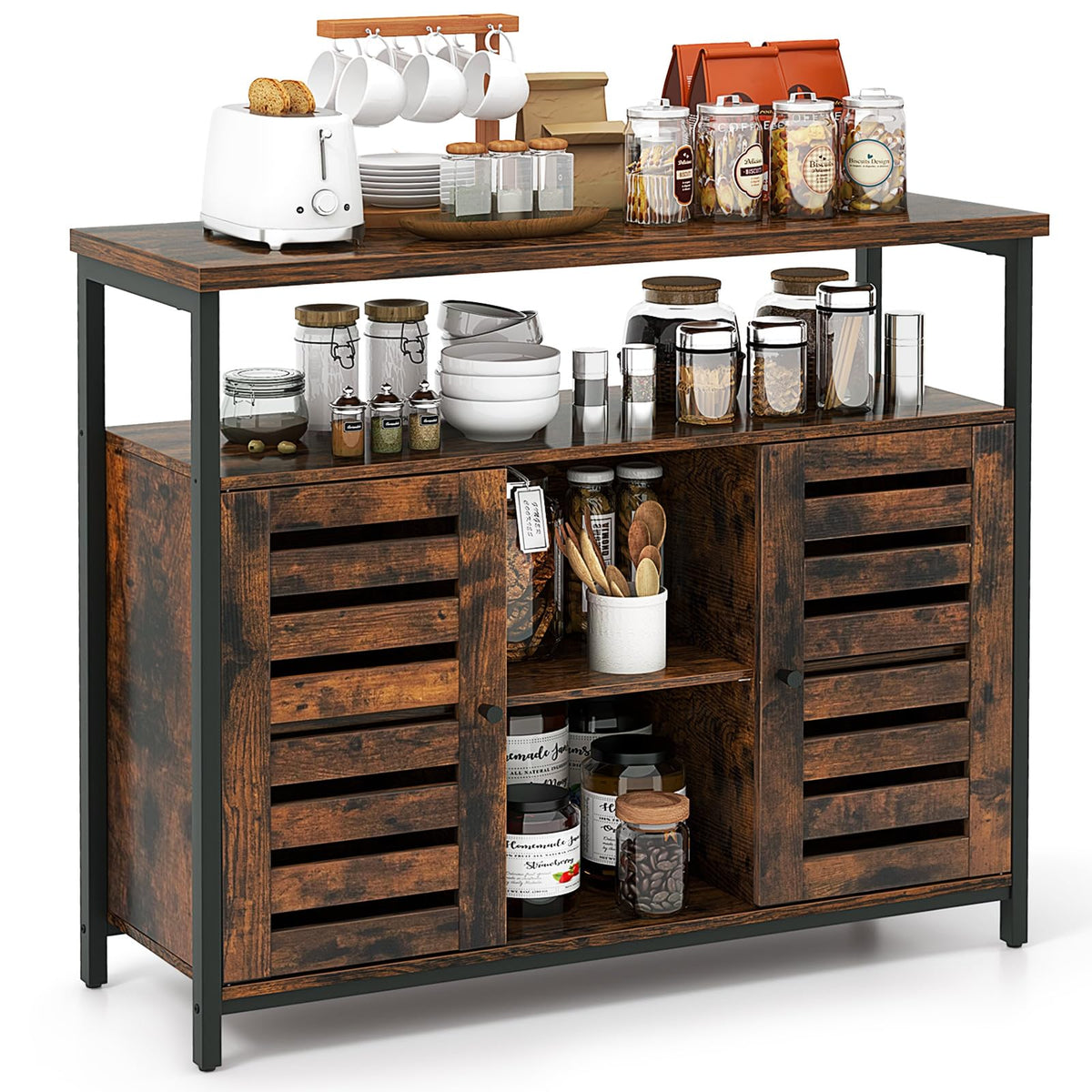 Goflame Buffet Cabinet, Kitchen Sideboard with 2 Storage Cupboards, Open Shelves, 2 Cubes, Anti-Tipping Kits