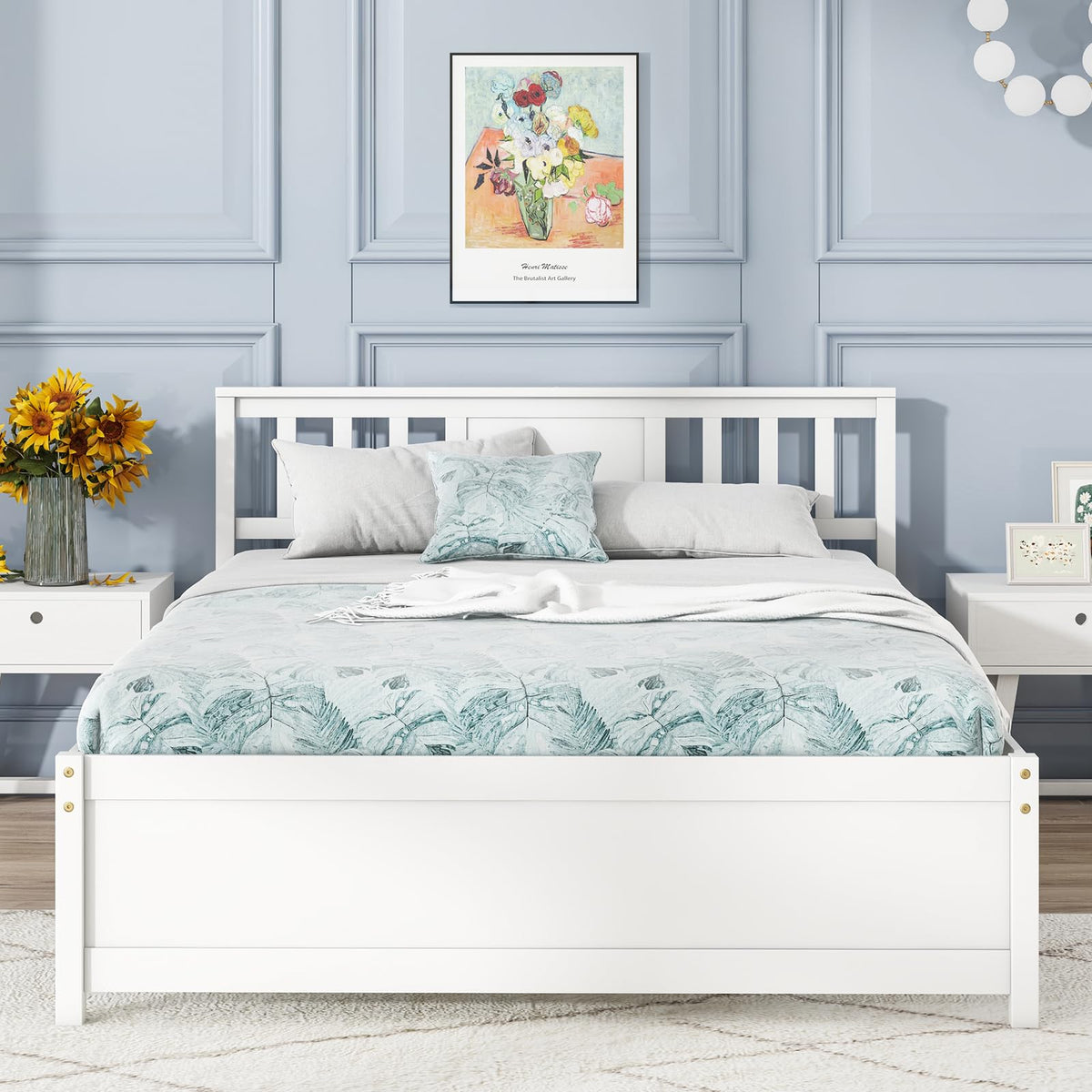 Goflame Solid Wood Platform Bed Frame, Mid Century Full Bed Frame with Headboard
