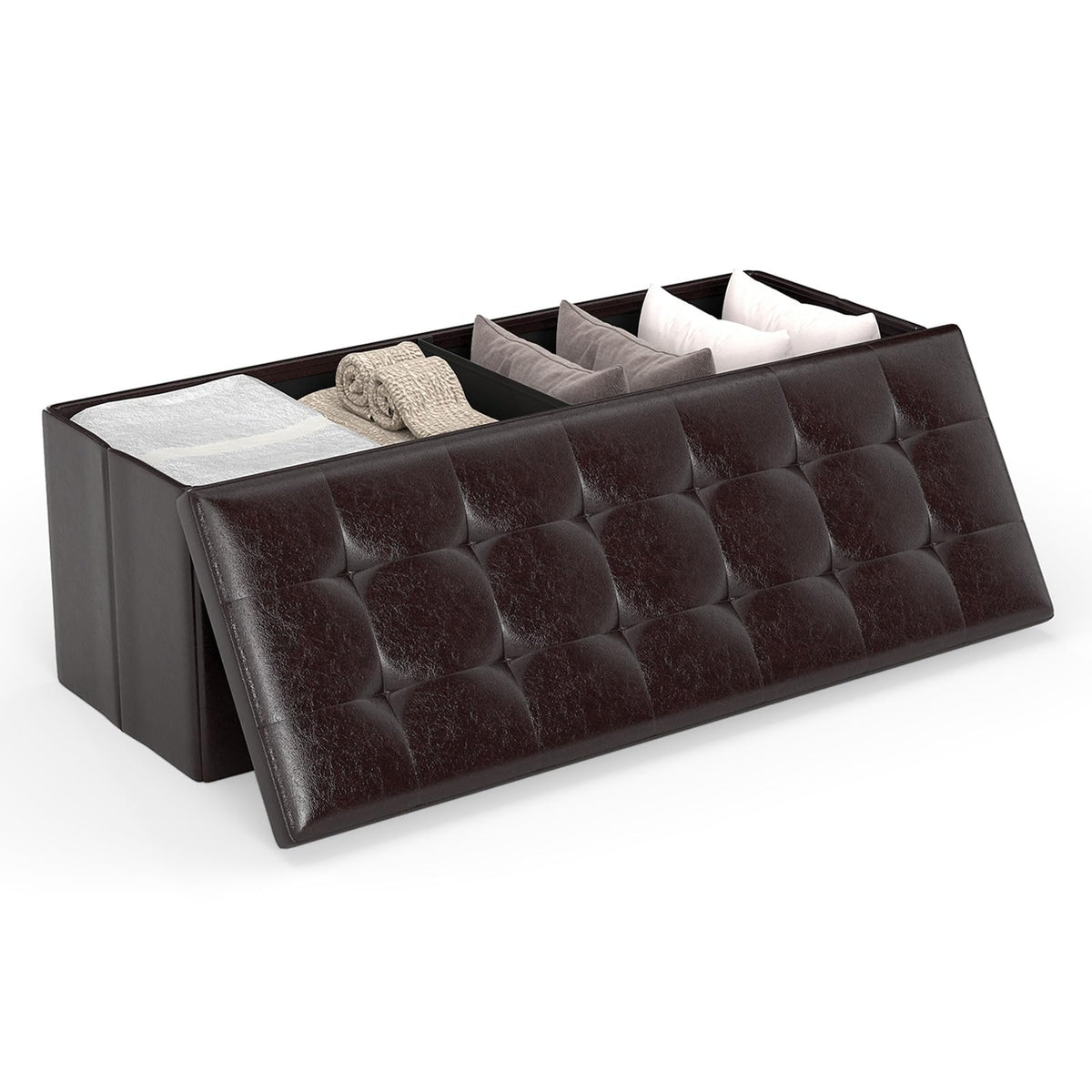 Goflame 43 Inches Folding Storage Ottoman Bench Upholstered PU Leather Storage Chest with Side Pocket