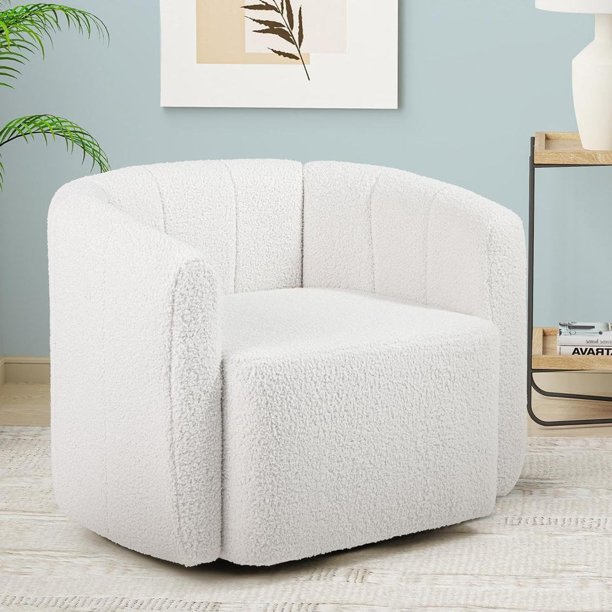 Goflame 360° Swivel Accent Chair - Sherpa Upholstered Boucle Barrel Club Chair with Padded Armrests