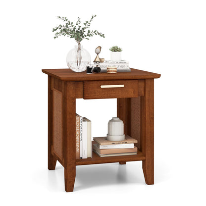 Goflame Rattan Nightstand with Drawer, Mid Century End Table with Storage Shelf, Sofa Side Table with Solid Rubber Wood Legs