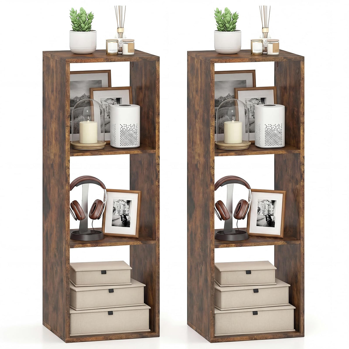Goflame 3-Cube Bookcase, White Cubby Bookshelf w/Back Guardrail & Anti-Tipping Kits