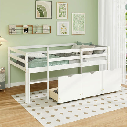 Goflame Twin Low Loft Bed with 3 Drawers, Wooden Loft Bed Frame with Ladder & Full-length Guardrails