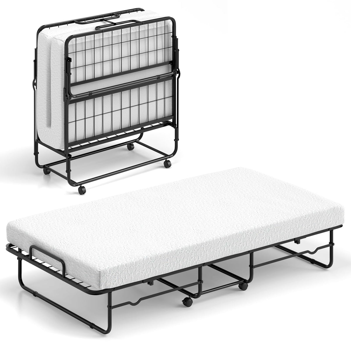 Goflame Twin Folding Bed with Mattress, Roll Away Bed Portable Guest Bed w/Sturdy Metal Frame