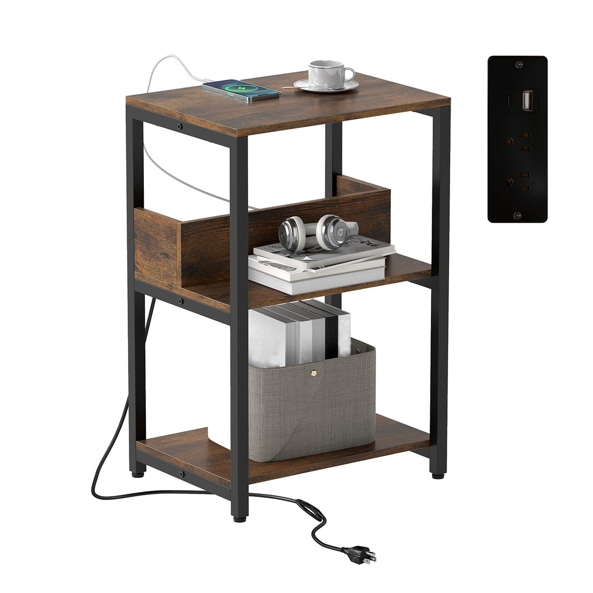 Goflame Side Table with Charging Station - Industrial 3-Tier Bedside Table w/Open Storage Shelves