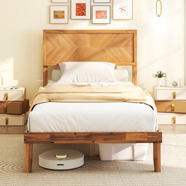 Goflame Wood Twin Bed/Full Size Bed/Queen Bed Frames with Headboard, Solid Acacia Wood Platform Bed with 12 Strong Wooden Slat Support