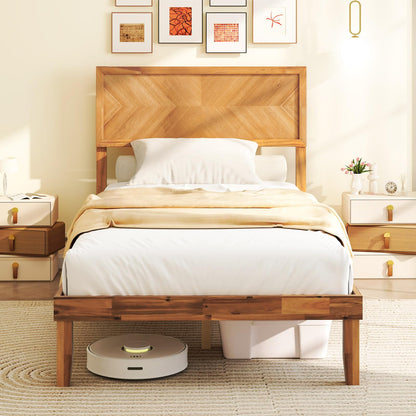 Goflame Wood Twin Bed/Full Size Bed/Queen Bed Frames with Headboard, Solid Acacia Wood Platform Bed with 12 Strong Wooden Slat Support