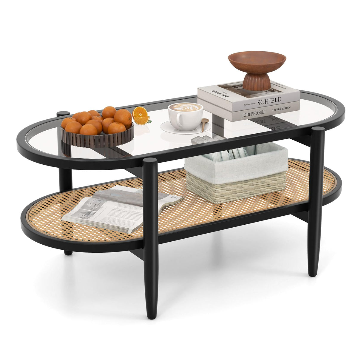Goflame Rattan Coffee Table, 2-Tier Oval Acacia Wood Tea Table w/Tempered Glass Tabletop & PE Rattan Storage Shelf