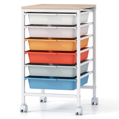 Goflame 6-Drawer Rolling Storage Cart with Wooden Tabletop